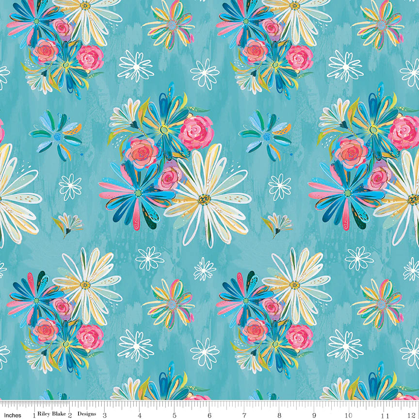 Fat Quarter - Kindness Always - Flowers on Teal - EttaVee - Riley Blake - Cotton Fabric