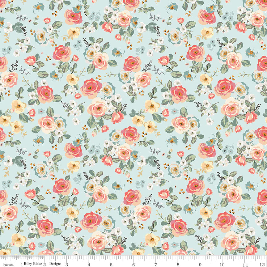 Fat Quarter - Gingham Gardens Floral Aqua - Riley Blake - Cotton Fabric