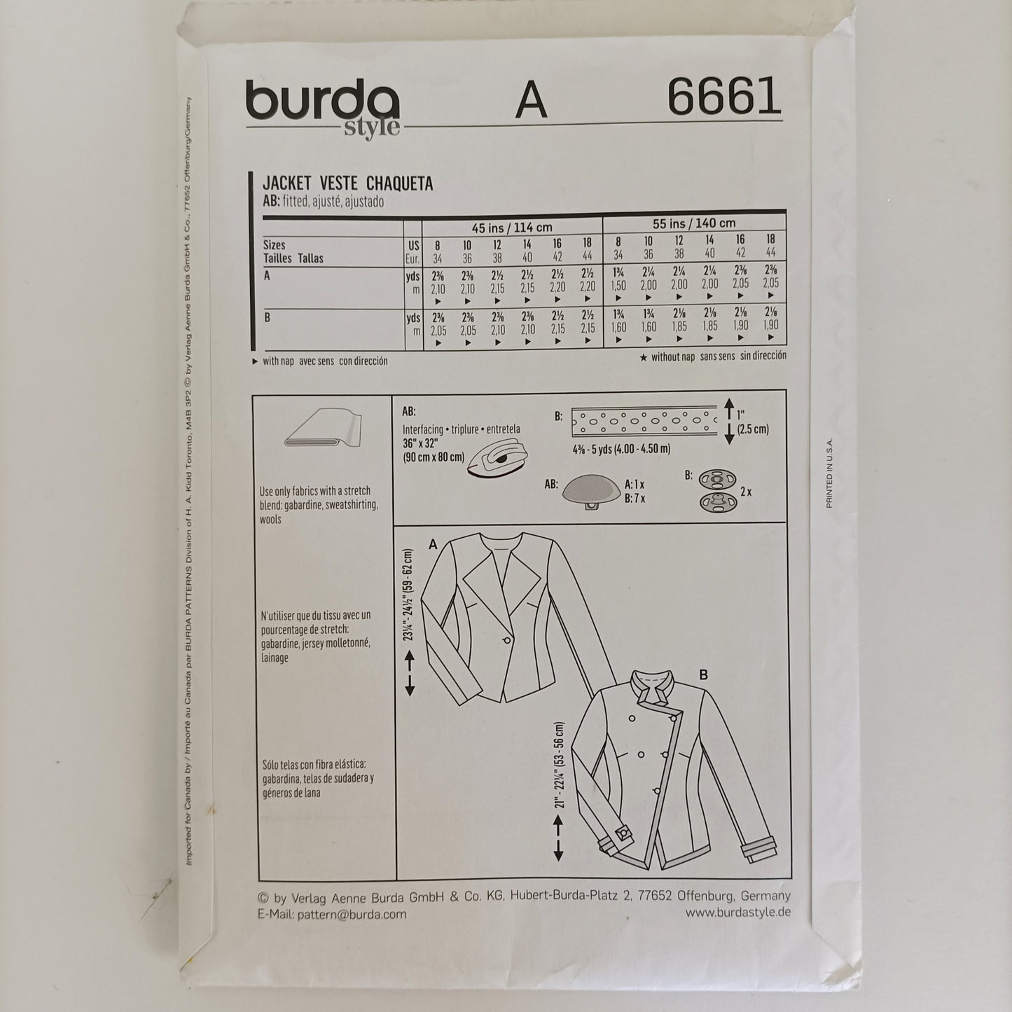 Burda 6661 ladies jacket pattern, Sizes 8 to 18