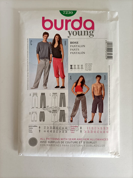 Burda 7230 pants pattern, Size Girls 6 to 20, Boys 34 to 48