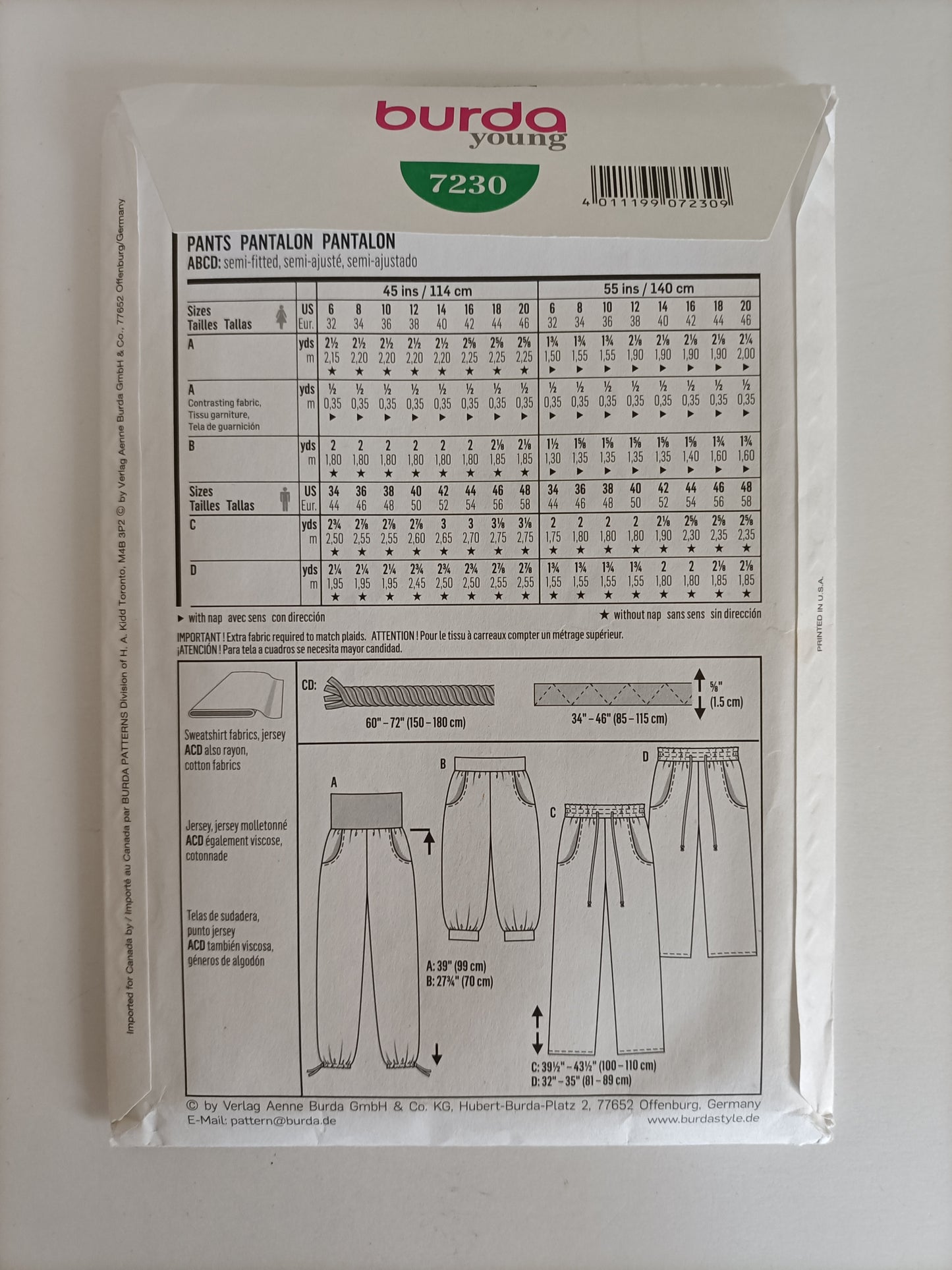 Burda 7230 pants pattern, Size Girls 6 to 20, Boys 34 to 48