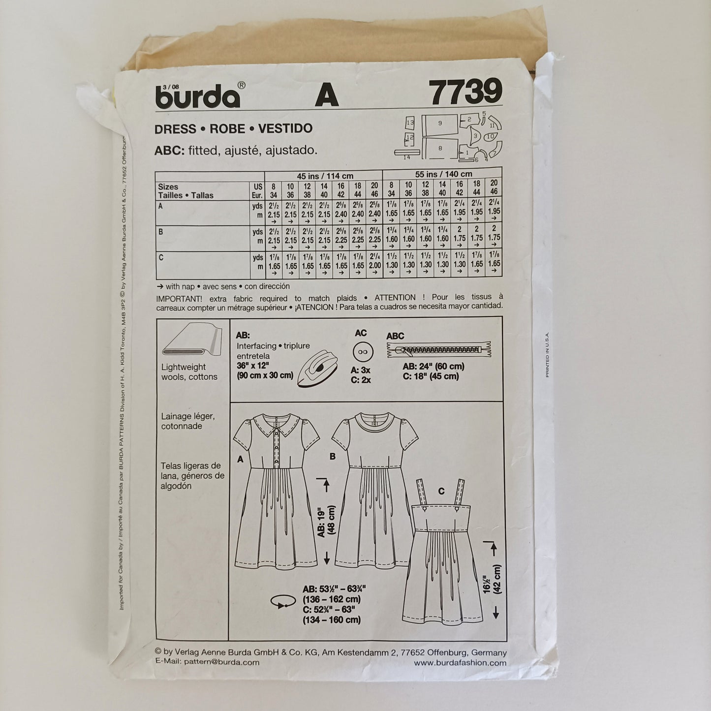 Burda Young 7739, dress pattern, Sizes 8 to 20