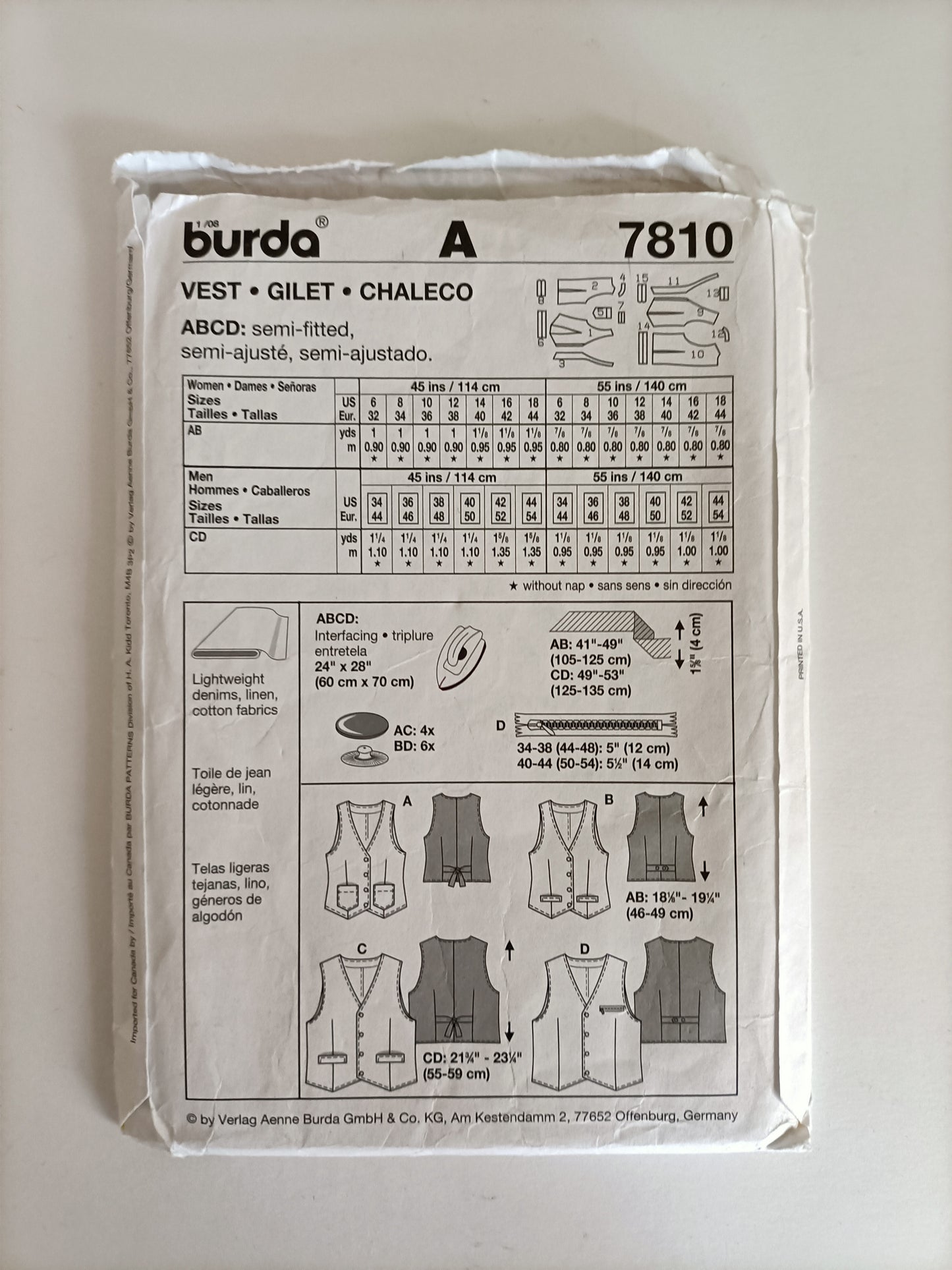 Burda 7810, Vest pattern for boys and girls, Sizes F 6 - 18/ M 34 - 44