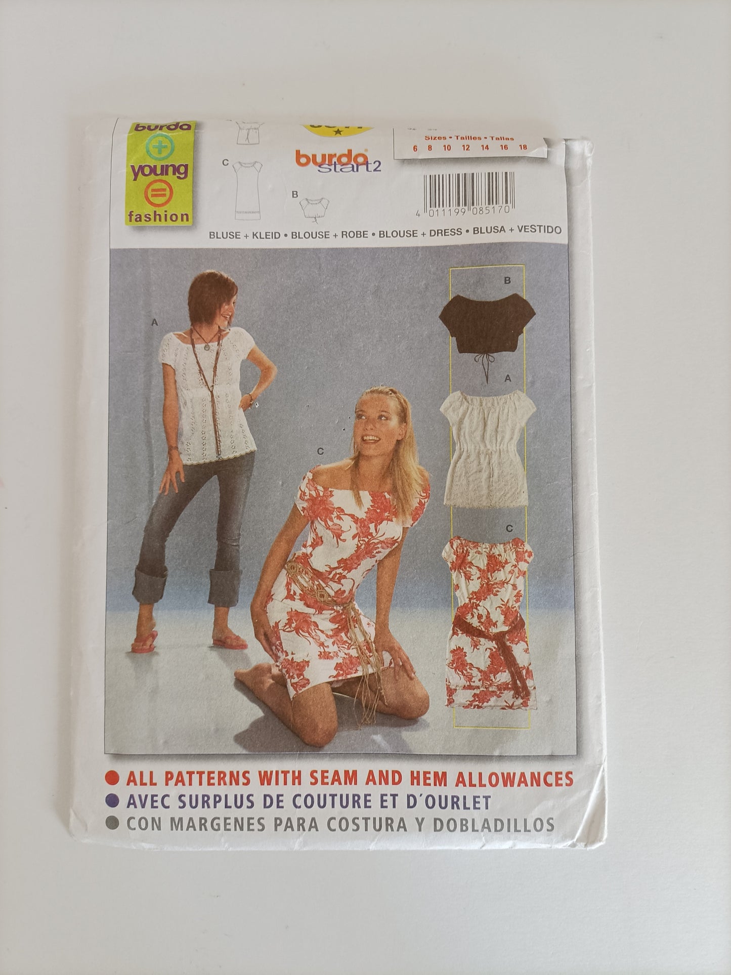 Burda 8517, Blouse and dress pattern, Sizes 6 - 18