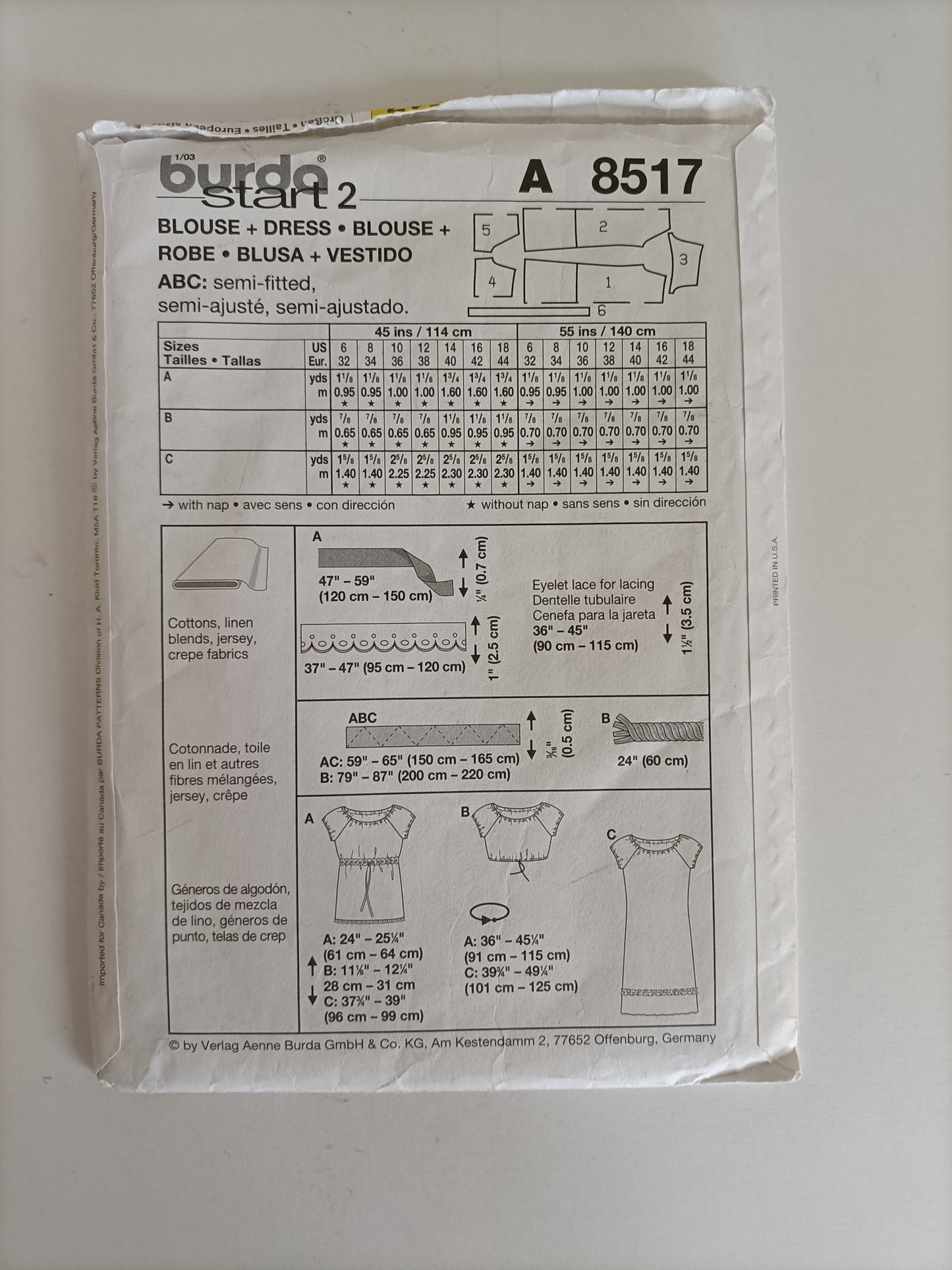 Burda 8517, Blouse and dress pattern, Sizes 6 - 18