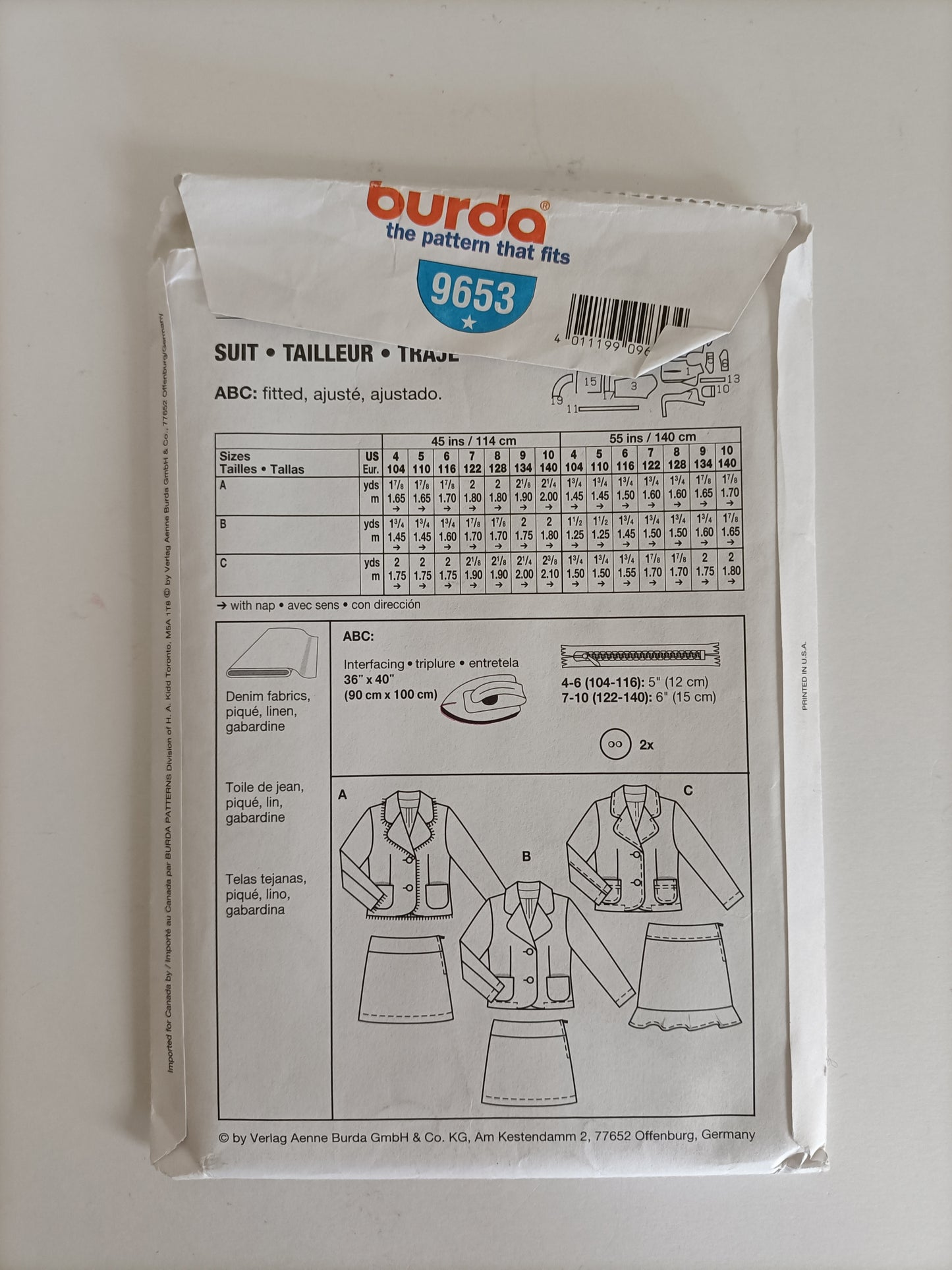 Burda 9653, Kids suit pattern, Size 4 to 10