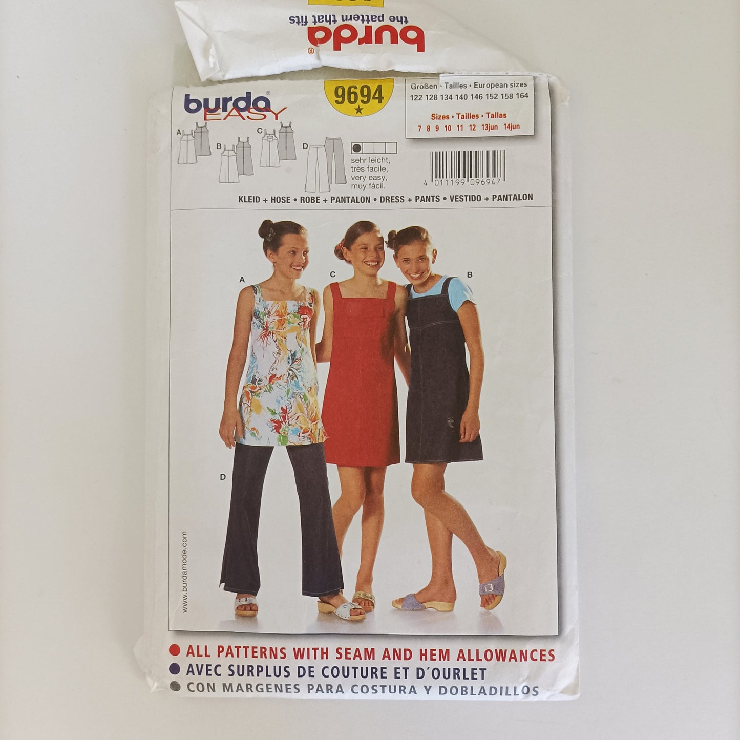 Burda 9694, dress and pants pattern, Sizes 7 to junior 14