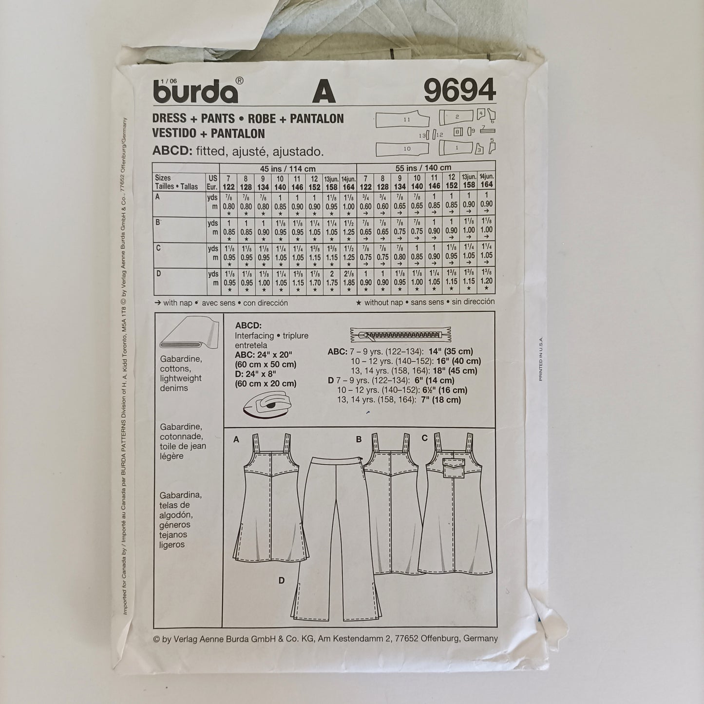 Burda 9694, dress and pants pattern, Sizes 7 to junior 14