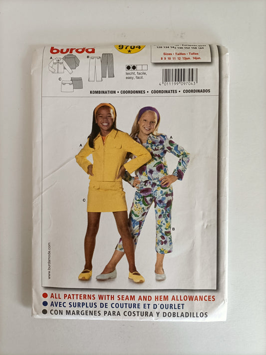 Burda 9704, Kids jacket pants and skirt pattern, Size 8 to junior 14