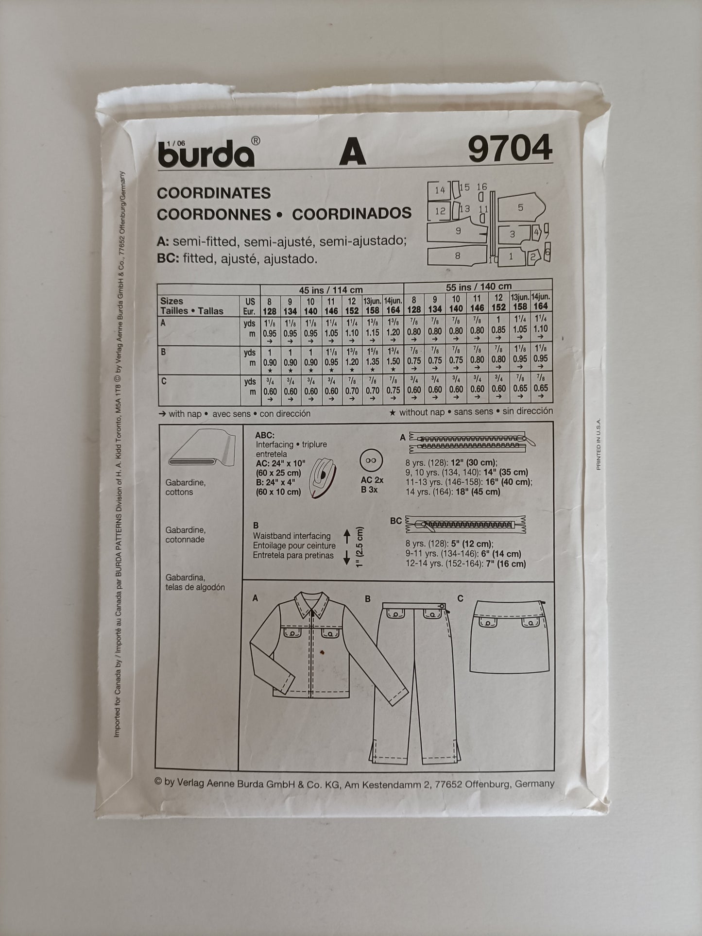 Burda 9704, Kids jacket pants and skirt pattern, Size 8 to junior 14