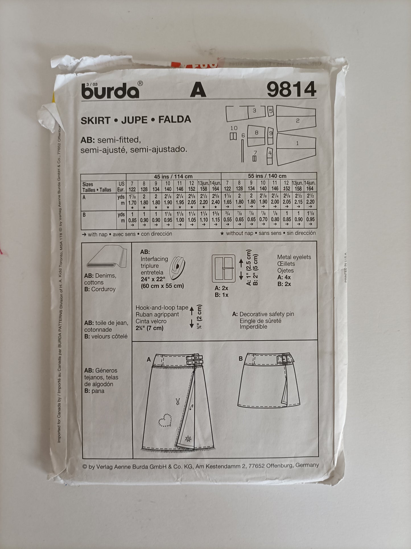 Burda 9814, Kids skirt pattern, Size 7 to junior 14