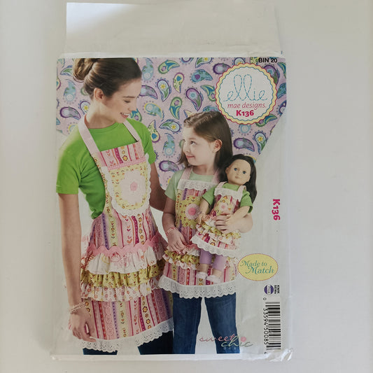 Ellie Mae Designs K136, Misses', Girls' and 18" Dolls' aprons pattern