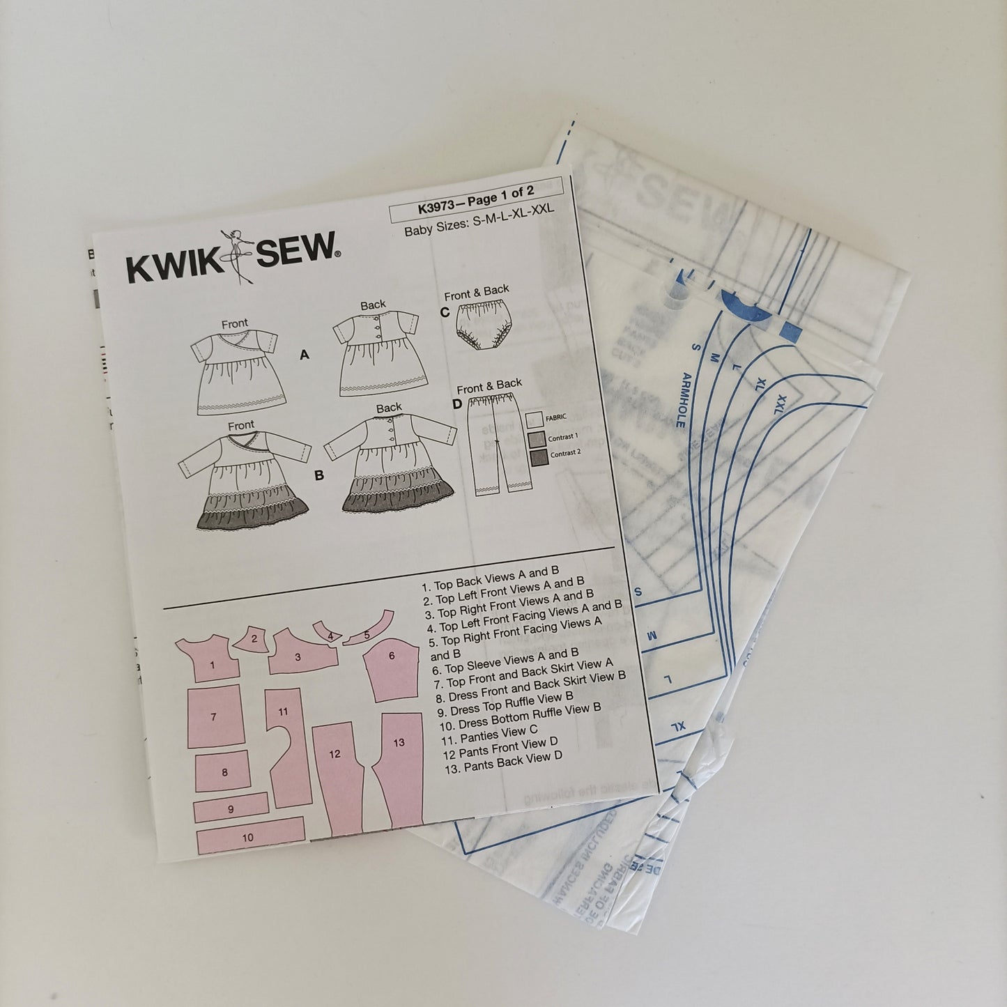 Kwik Sew K3973, baby top dress panties and pants pattern, sizes S - XXL