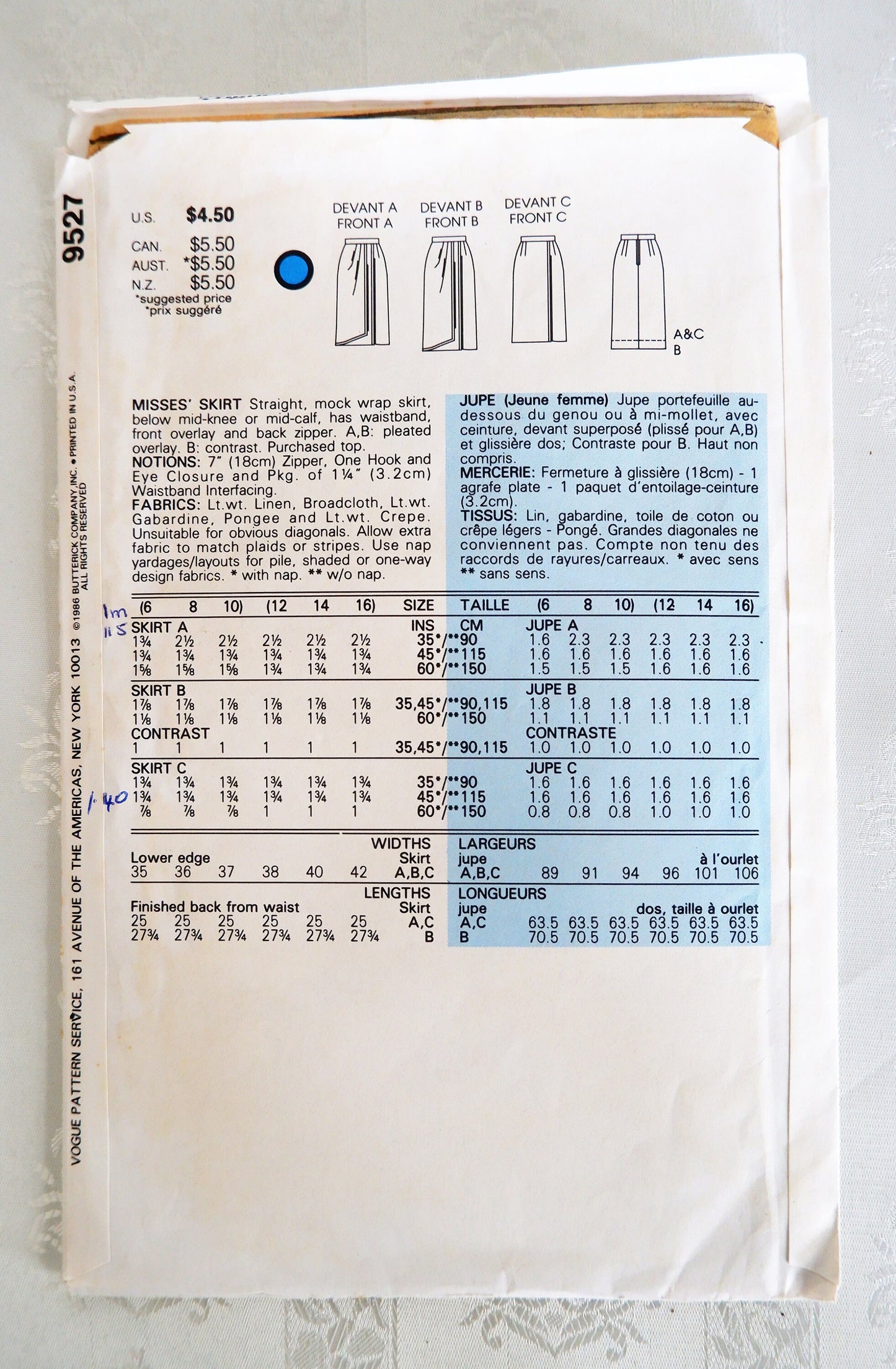 Vogue 9527, skirt pattern. Sizes 6 - 10. Partially cut but all sizes still usable.